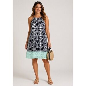 B. Darlin Dress Womens 5/6 Navy Blue Aqua Gold Geometric Resort Vaca NEW